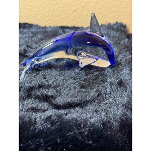 Art Blown  Glass Blue & Clear Glass Dolphin Figurine Art Decor 7"